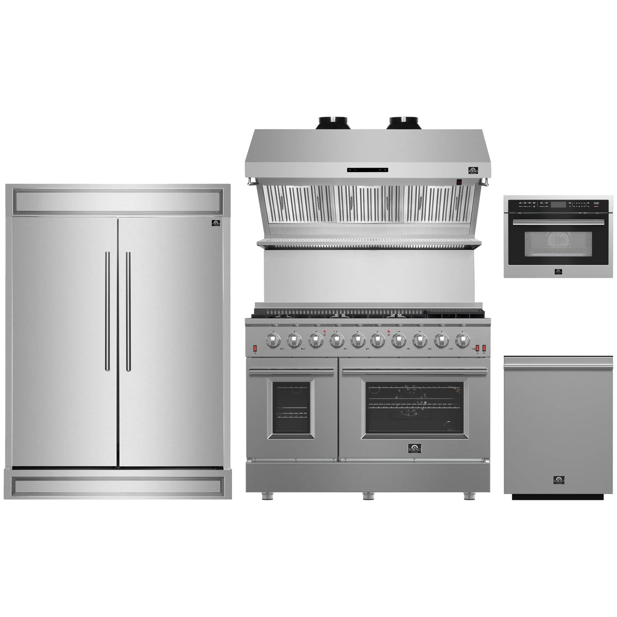 Forno 5-Piece Appliance Package - 48-Inch Gas Range, 60-Inch Refrigerator, Wall Mount Hood with Backsplash, 24-Inch Microwave Oven, & 3-Rack Dishwasher in Stainless Steel