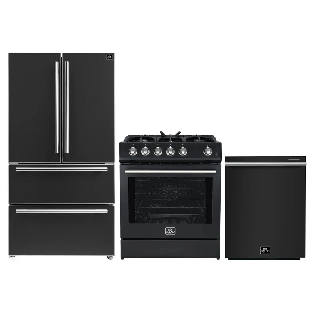 Forno 3-Piece Appliance Package: 30-Inch Gas Range, Refrigerator, Dishwasher, Black with Stainless Steel Trim
