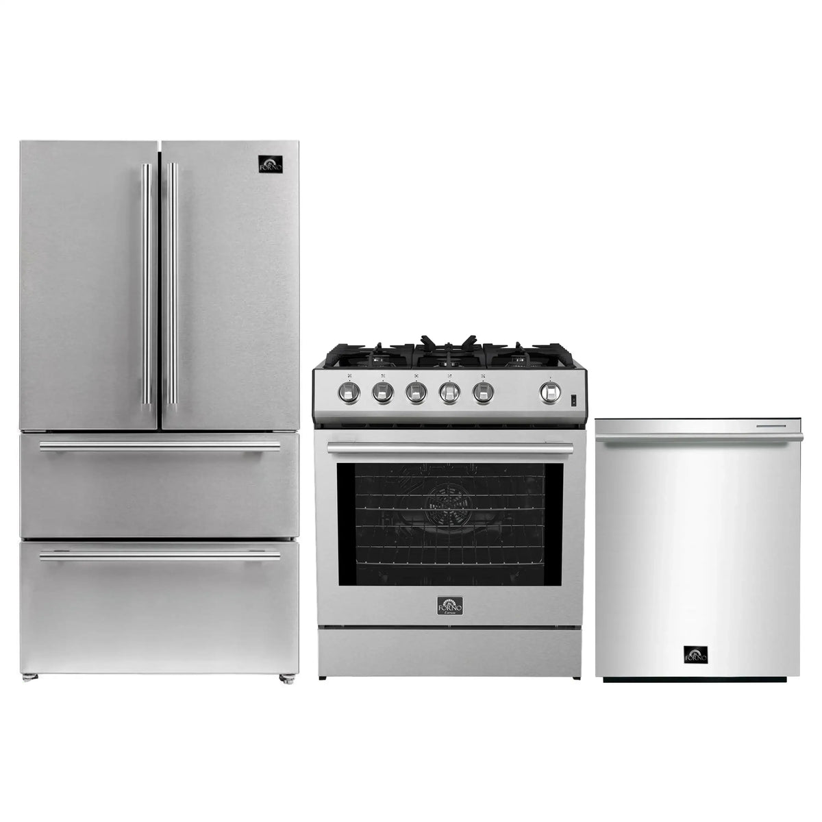 Forno 3-Piece Appliance Package - 30-Inch Gas Range, Refrigerator, and Dishwasher in Stainless Steel