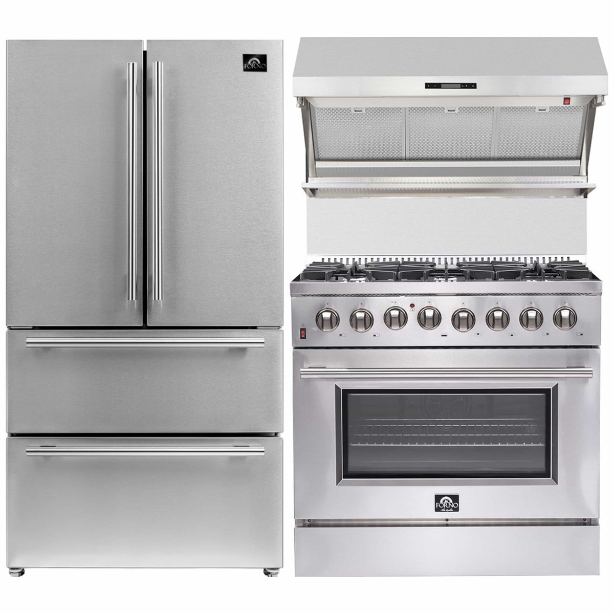 Forno 3-Piece Appliance Package: 36-Inch Dual Fuel Range, Wall-Mount Backsplash Hood, Moena Refrigerator, Stainless Steel