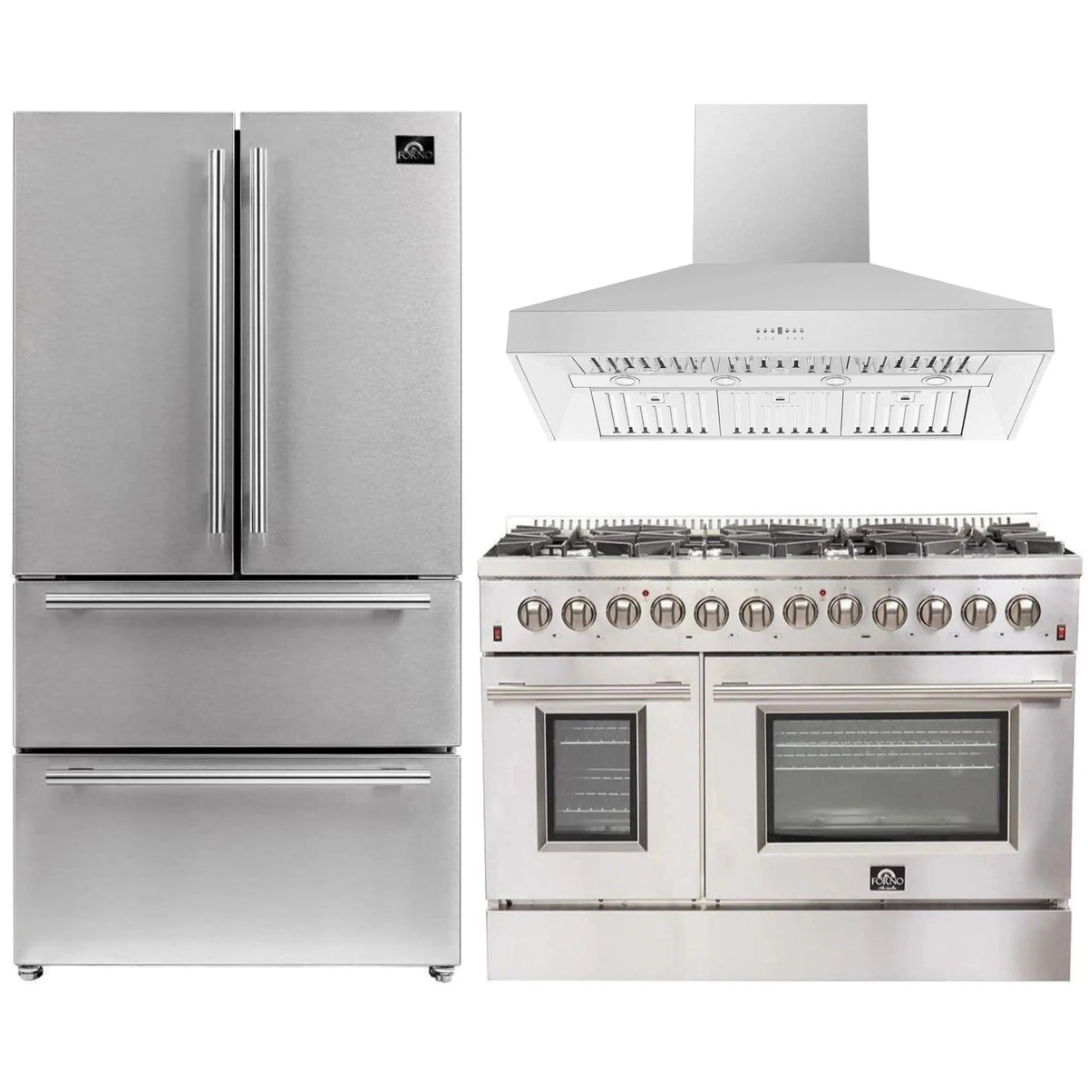 Forno 3-Piece Appliance Package: 48-Inch Dual Fuel Range, Wall-Mount Hood, 36-Inch Refrigerator, Stainless Steel