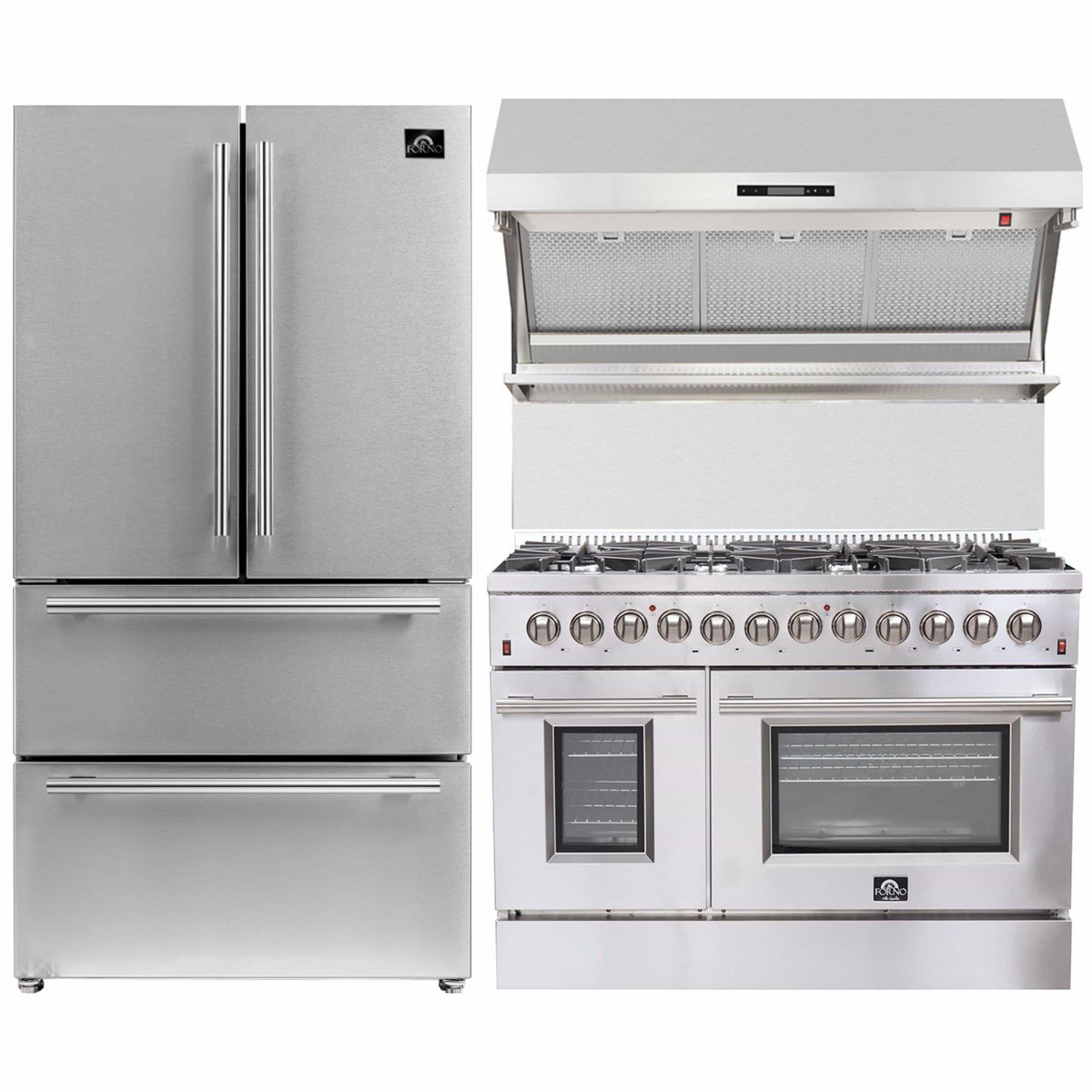 Forno 3-Piece Appliance Package: 48-Inch Dual Fuel Range, Wall-Mount Backsplash Hood, Refrigerator, Stainless Steel