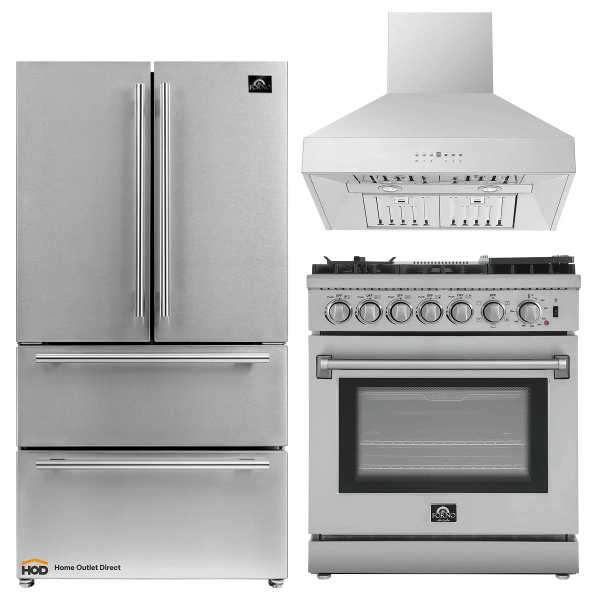 Forno 3-Piece Appliance Package: 30-Inch Air Fryer Dual Fuel Range, Wall-Mount Hood, 36-Inch Refrigerator, Stainless Steel