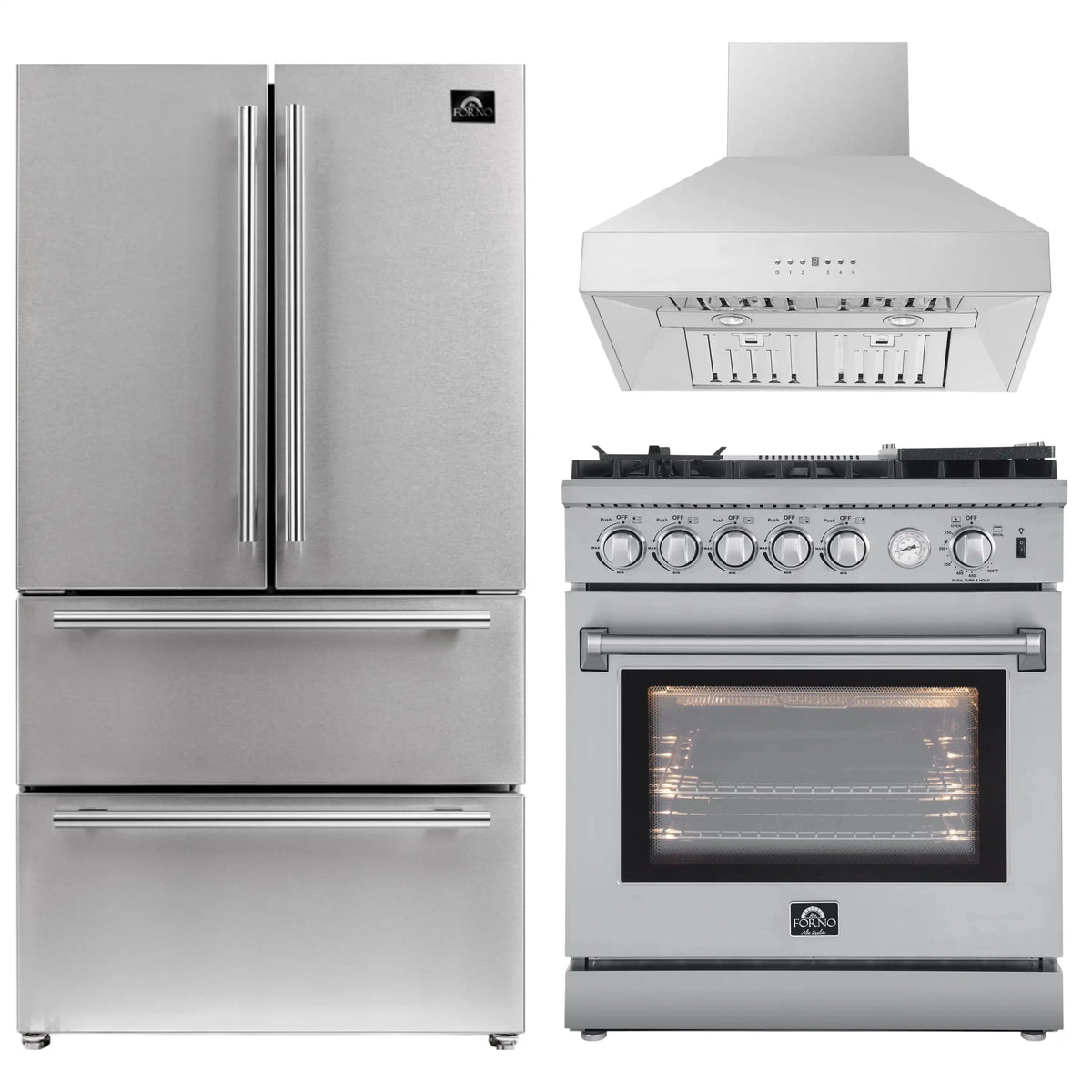 Forno 3-Piece Appliance Package: 30-Inch Air Fryer Gas Range, Wall-Mount Hood, 36-Inch Refrigerator, Stainless Steel