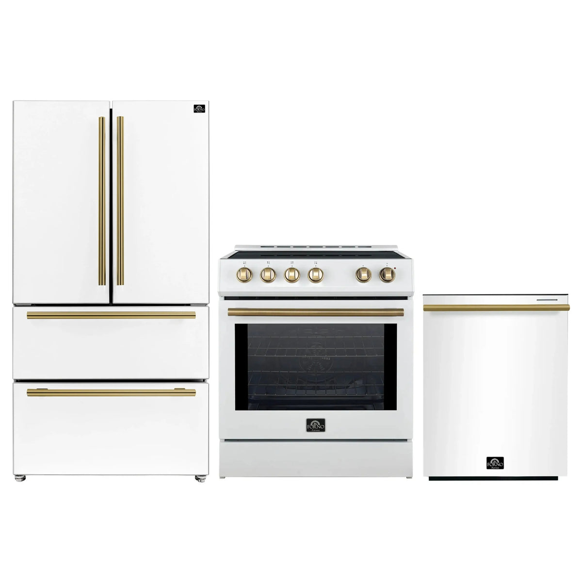 Forno 3-Piece Appliance Package - 30-Inch Induction Range, French Door Refrigerator, and Dishwasher in White with Antique Brass Trim