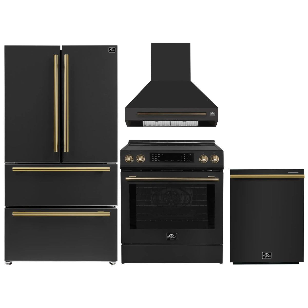 Forno 4-Piece Appliance Package - 30-Inch Espresso Induction Range , Wall Mount Range Hood, 36-Inch French Door Refrigerator, and Dishwasher in Black with Antique Brass Trim