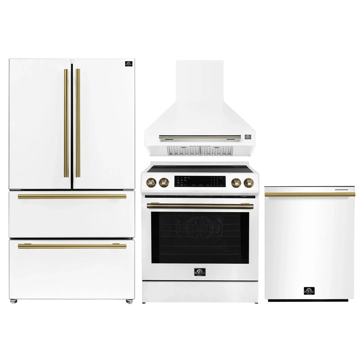 Forno 4-Piece Appliance Package - 30-Inch Espresso Induction Range , Wall Mount Range Hood, 36-Inch French Door Refrigerator, and Dishwasher in White with Antique Brass Trim