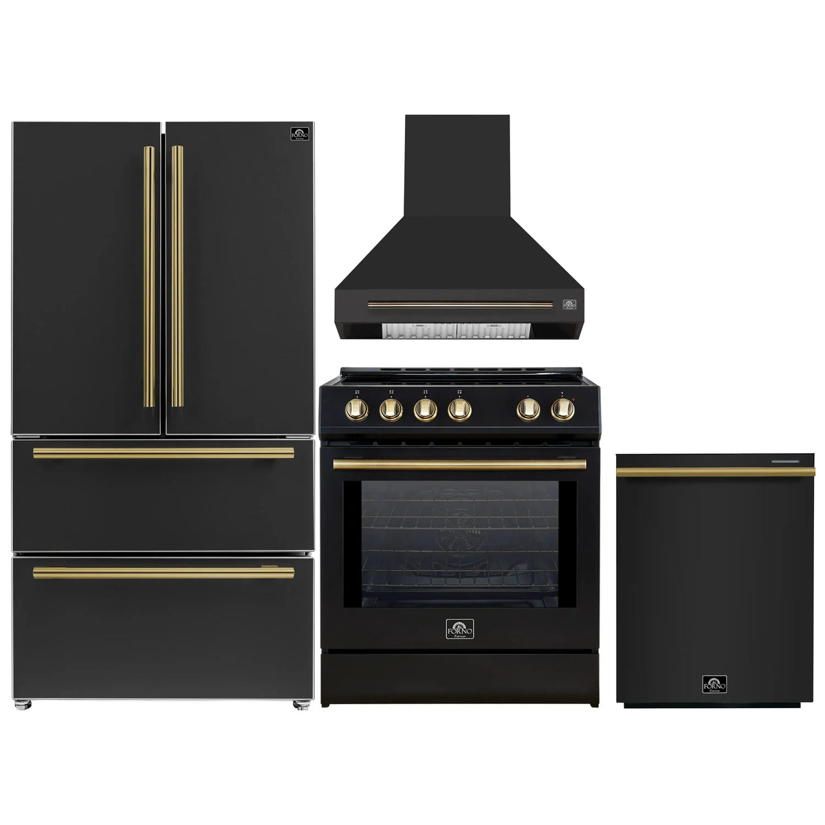 Forno 4-Piece Appliance Package - 30-Inch Espresso Induction Range , Wall Mount Range Hood, 36-Inch French Door Refrigerator, and Dishwasher in Black with Antique Brass Trim