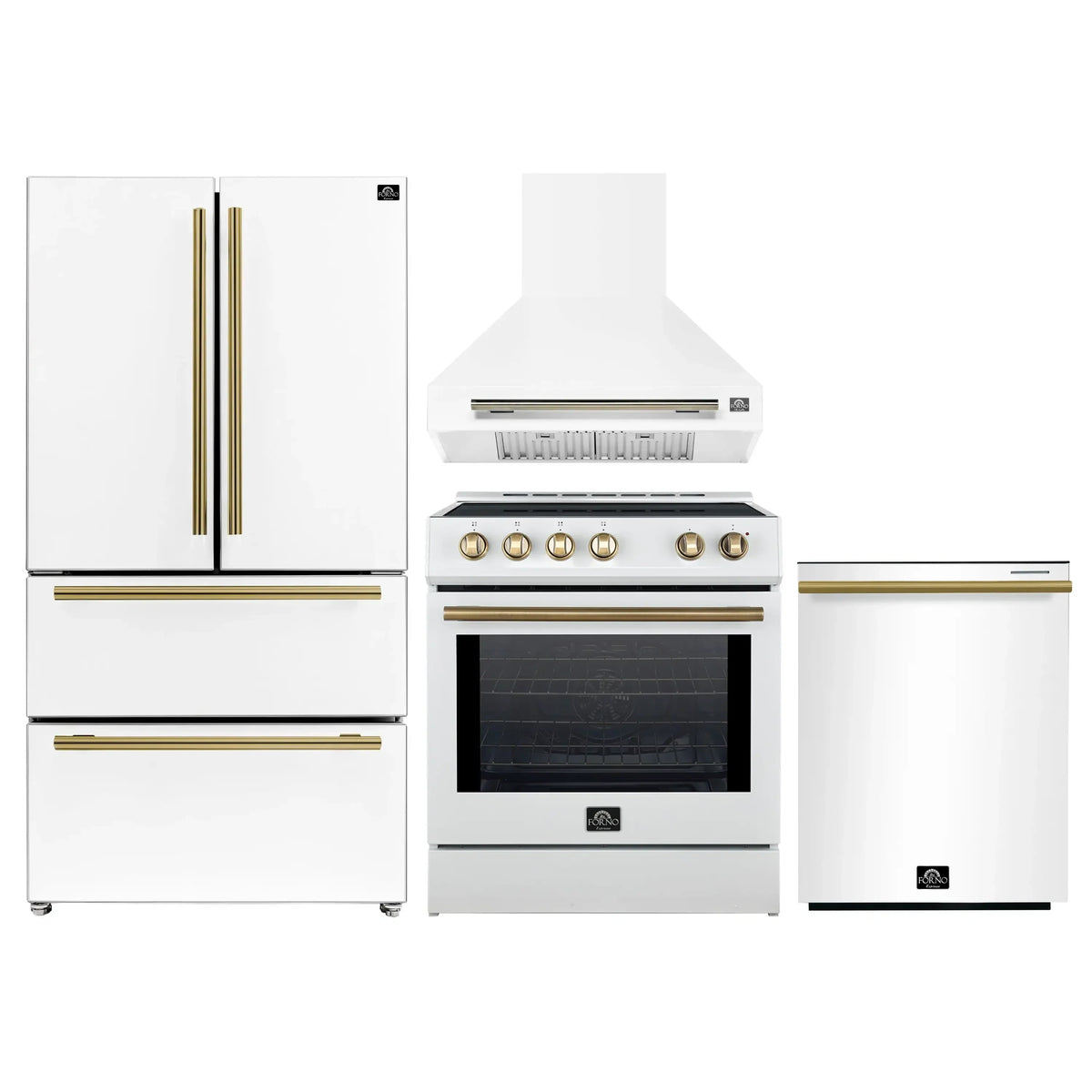 Forno 4-Piece Appliance Package - 30-Inch Espresso Induction Range , Wall Mount Range Hood, 36-Inch French Door Refrigerator, and Dishwasher in White with Antique Brass Trim