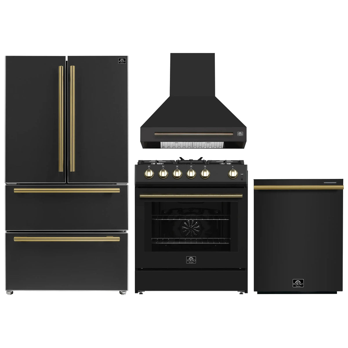Forno 4-Piece Appliance Package - 30-Inch Espresso Gas Range , Wall Mount Range Hood, 36-Inch French Door Refrigerator, and Dishwasher in Black with Antique Brass Trim
