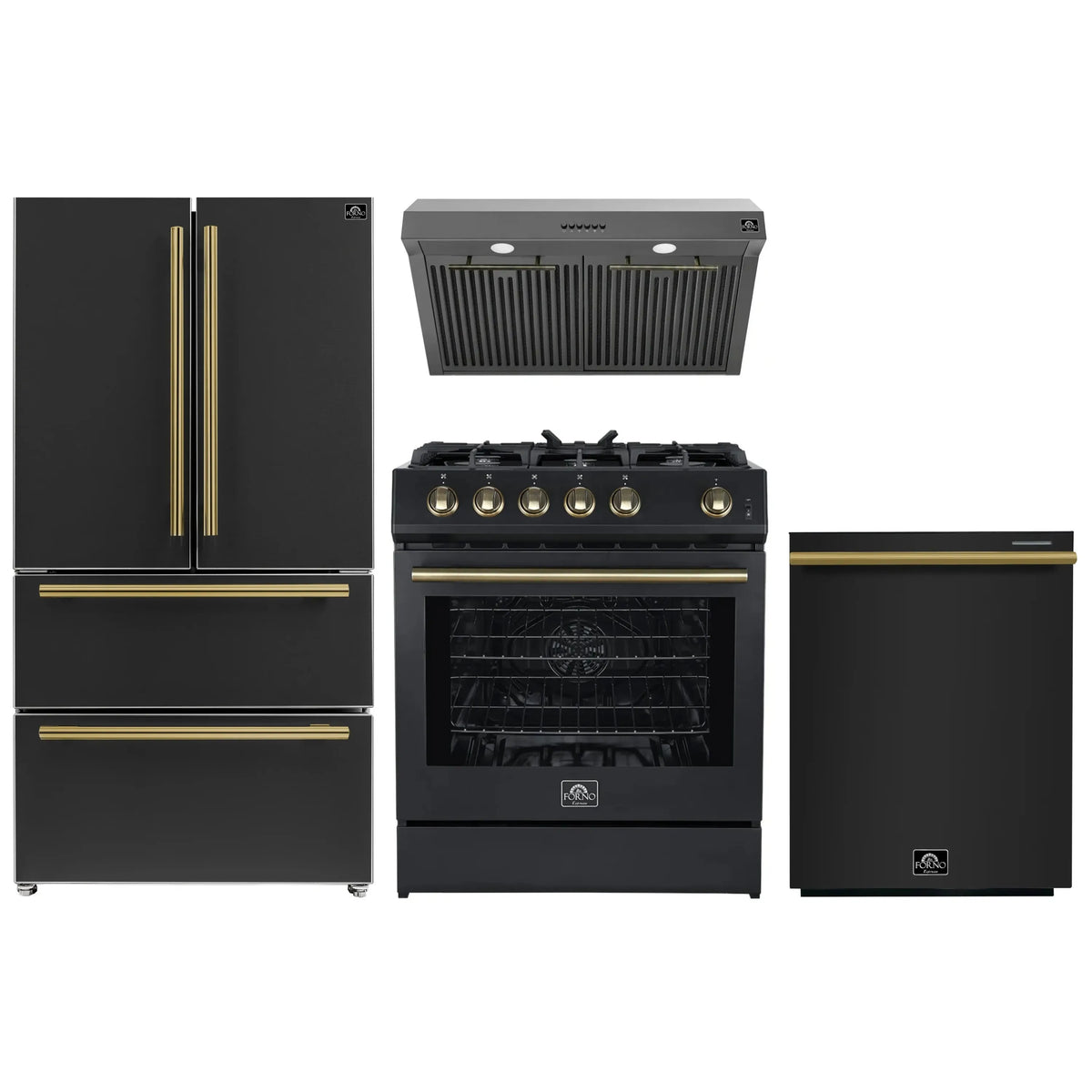 Forno 4-Piece Appliance Package - 30-Inch Gas Range, Under Cabinet Range Hood, Refrigerator, and Dishwasher in Black with Antique Brass Trim