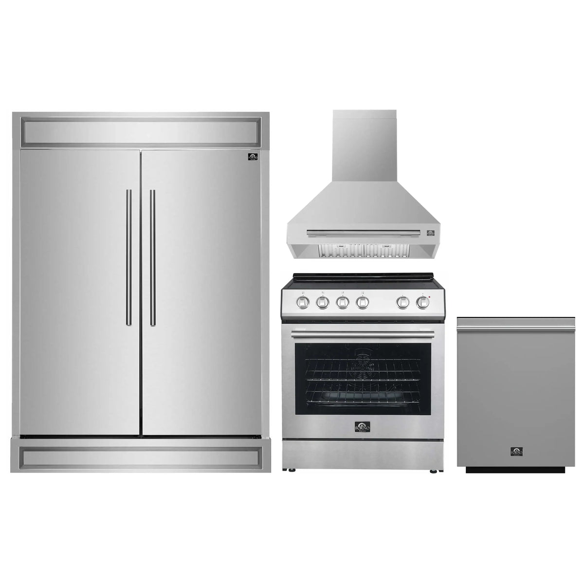 Forno 4-Piece Appliance Package - 30-Inch Espresso Electric Range , Wall Mount Range Hood, 60-Inch Built-In Convertible Refrigerator, and Dishwasher in Stainless Steel