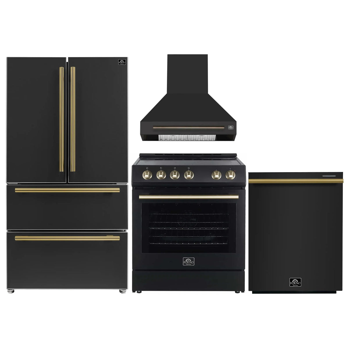 Forno 4-Piece Appliance Package - 30-Inch Espresso Electric Range , Wall Mount Range Hood, 36-Inch French Door Refrigerator, and Dishwasher in Black with Antique Brass Trim