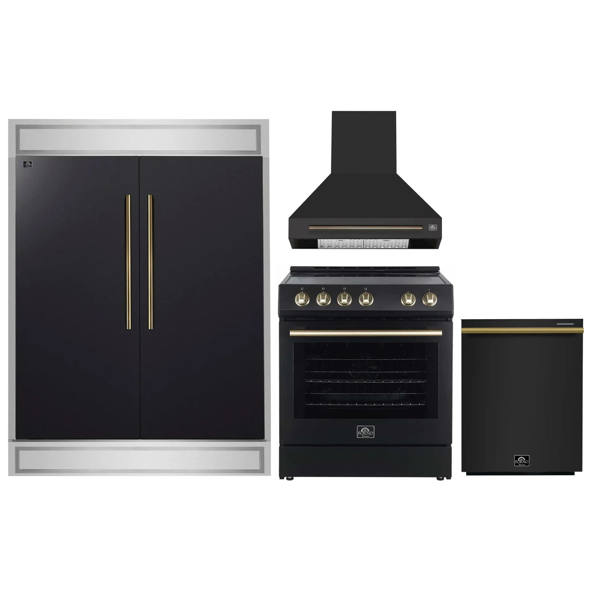 Forno 4-Piece Appliance Package - 30-Inch Espresso Electric Range , Wall Mount Range Hood, 60-Inch Built-In Convertible Refrigerator, and Dishwasher in Black with Antique Brass Trim