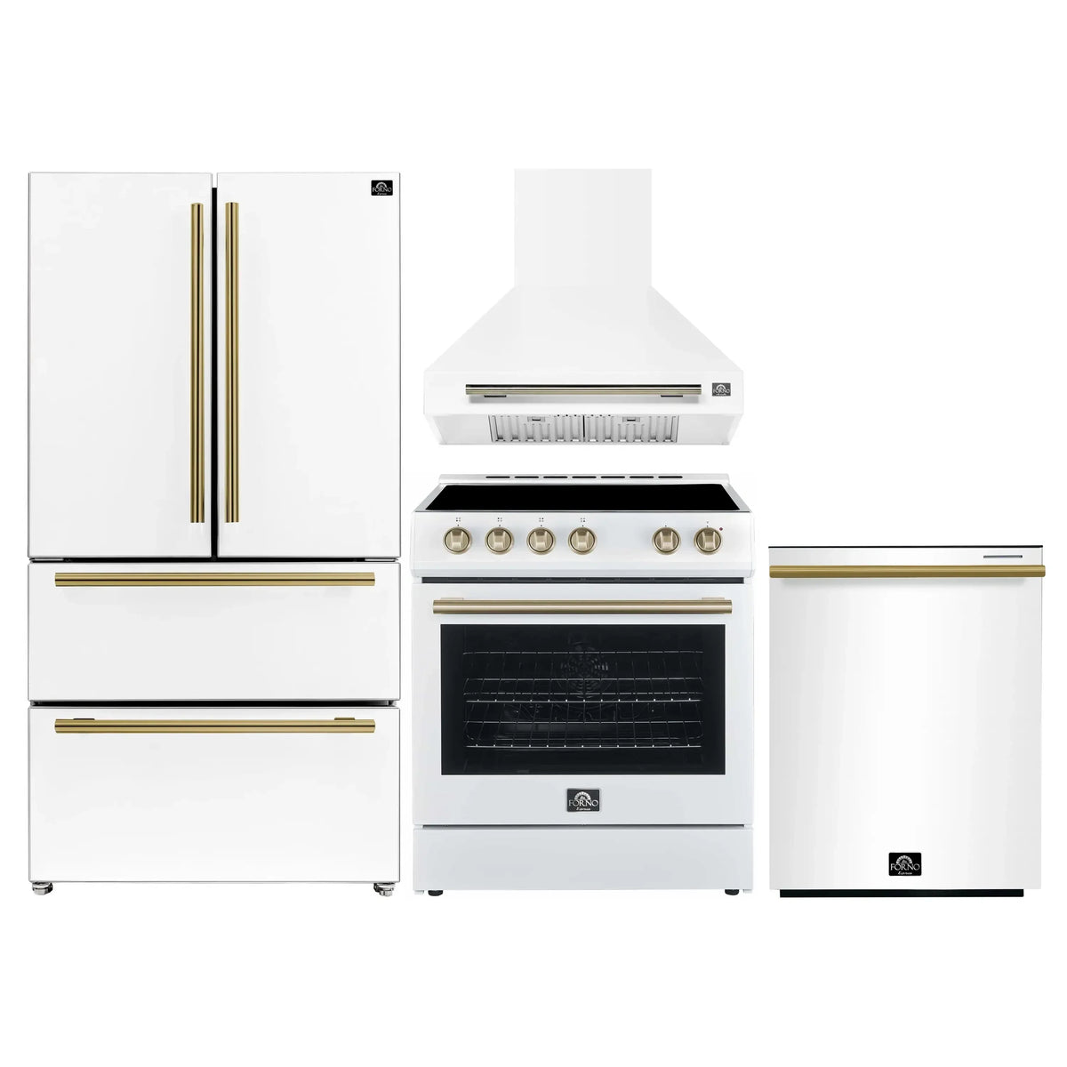 Forno 4-Piece Appliance Package - 30-Inch Espresso Electric Range , Wall Mount Range Hood, 36-Inch French Door Refrigerator, and Dishwasher in White with Antique Brass Trim