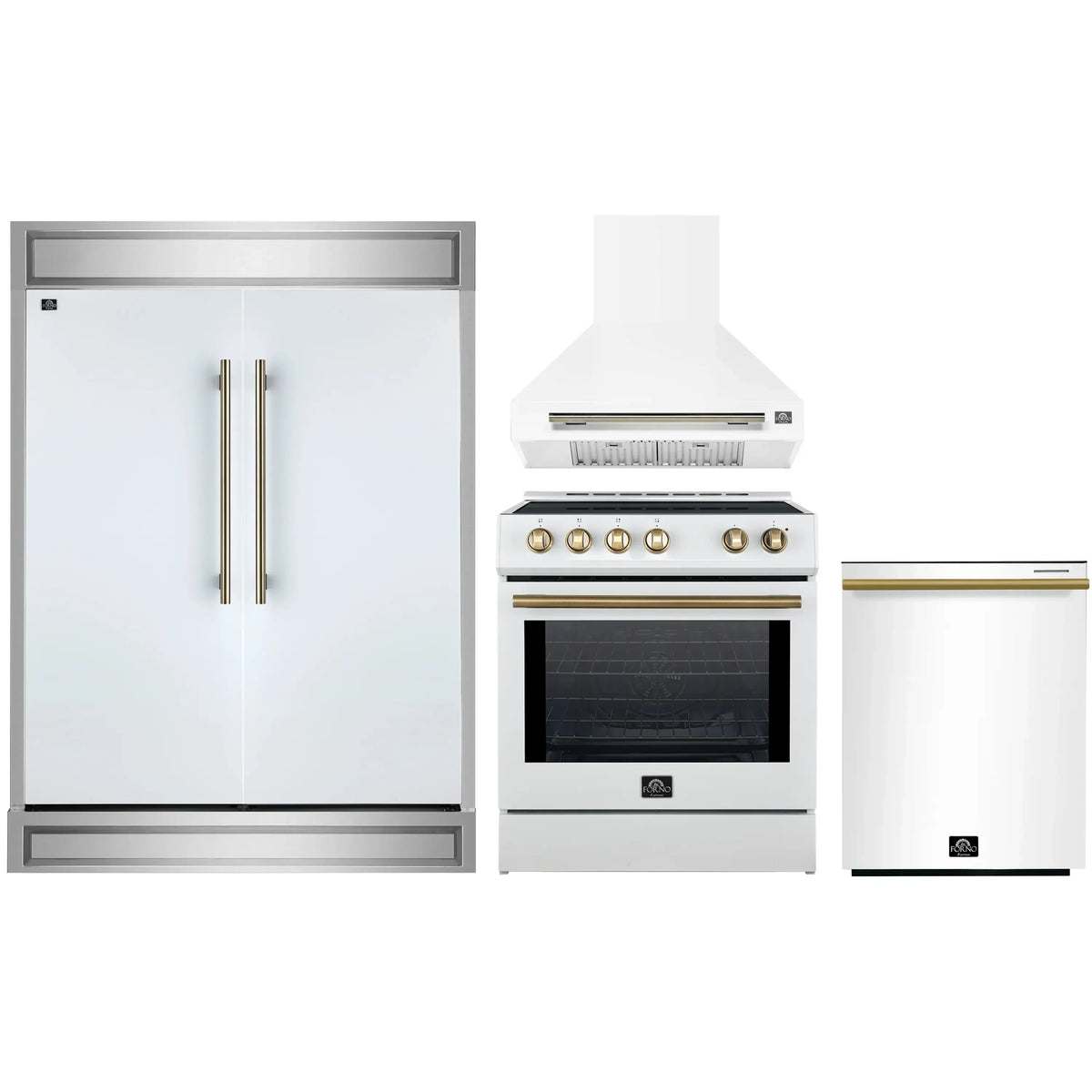 Forno 4-Piece Appliance Package - 30-Inch Espresso Electric Range , Wall Mount Range Hood, 60-Inch Built-In Convertible Refrigerator, and Dishwasher in White with Antique Brass Trim
