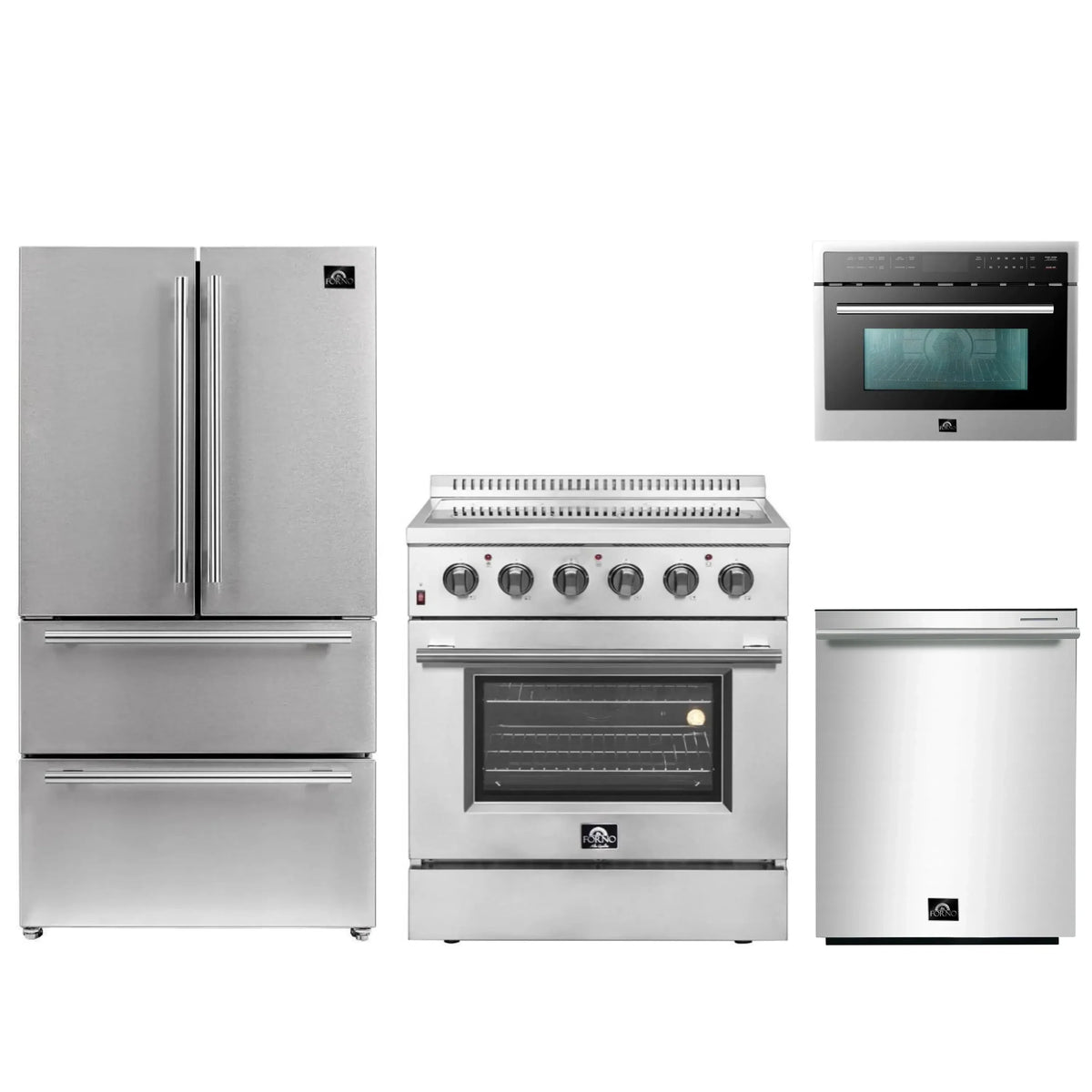 Forno 4-Piece Appliance Package - 30-Inch Electric Range, French Door Refrigerator, Dishwasher, and 24-Inch Microwave Oven in Stainless Steel