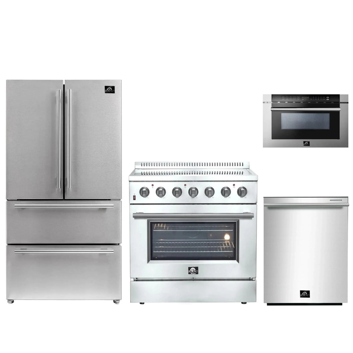 Forno 4-Piece Appliance Package - 36-Inch Electric Range, French Door Refrigerator, Dishwasher, and 24-Inch Microwave Drawer in Stainless Steel