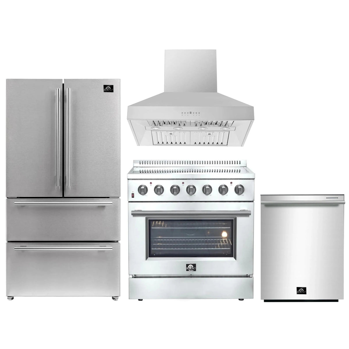 Forno 4-Piece Appliance Package - 36-Inch Electric Range, Wall Mount Range Hood, French Door Refrigerator, and Dishwasher in Stainless Steel