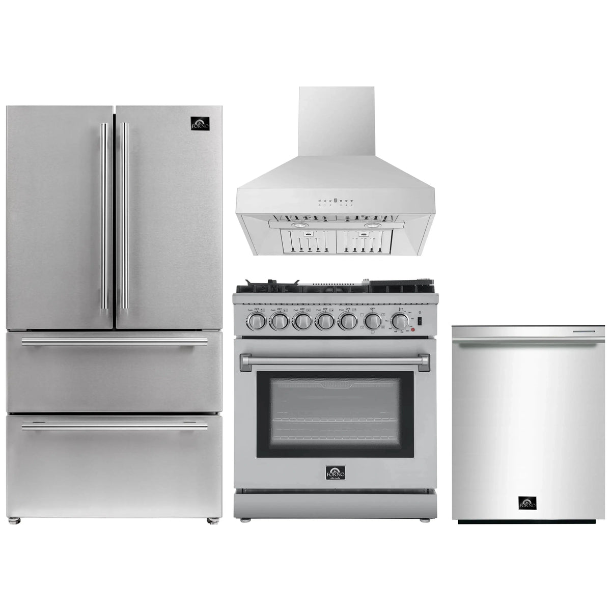 Forno 4-Piece Appliance Package: 30-Inch Air Fryer Dual Fuel Range, Wall-Mount Hood, Refrigerator, 3-Rack Dishwasher, Stainless Steel