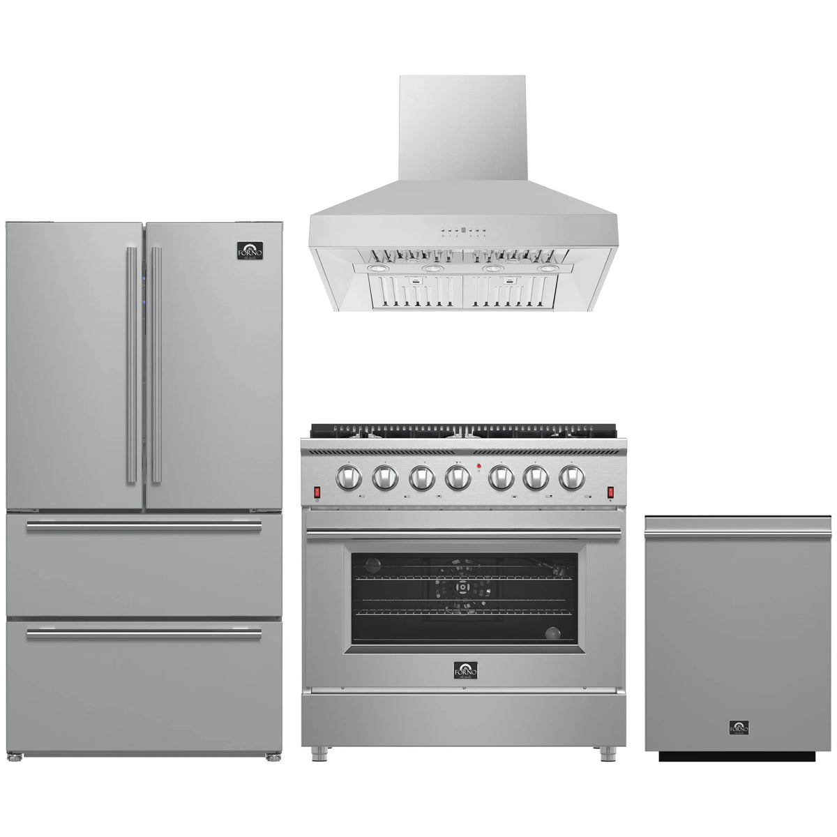 Forno 4-Piece Appliance Package - 36-Inch Gas Range, Refrigerator, Wall Mount Hood, & 3-Rack Dishwasher in Stainless Steel