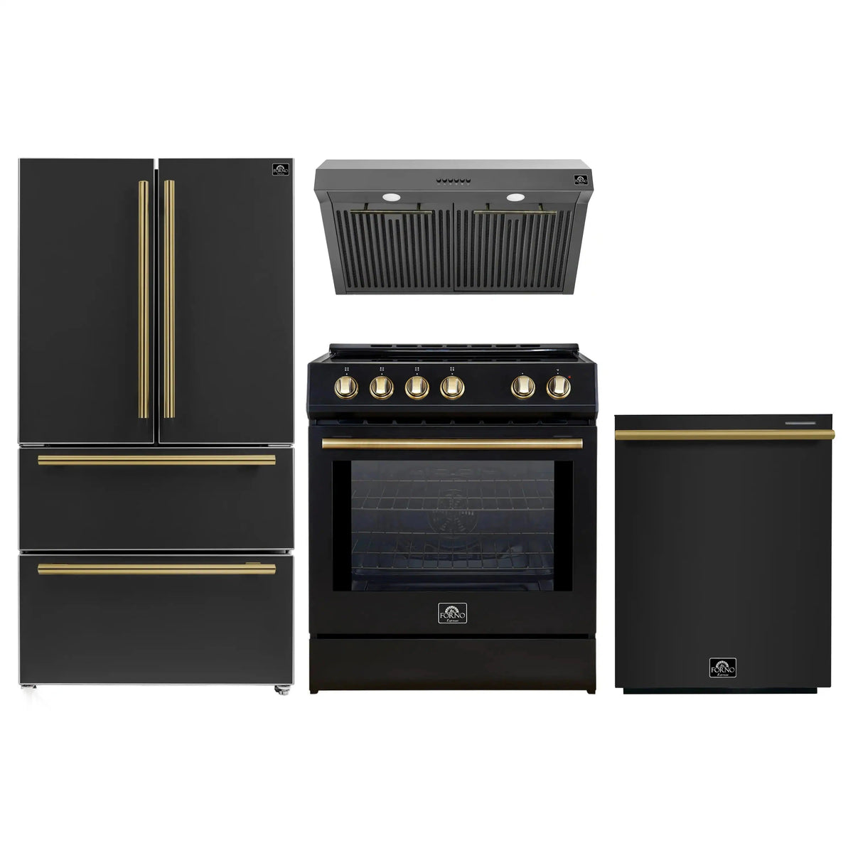 Forno 4-Piece Appliance Package: 30-Inch Induction Range, Under Cabinet Hood, French Door Refrigerator, Dishwasher, Black with Antique Brass Trim
