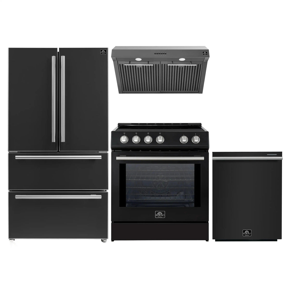 Forno 4-Piece Appliance Package: 30-Inch Induction Range, Under Cabinet Hood, French Door Refrigerator, Dishwasher, Black with Stainless Steel Trim