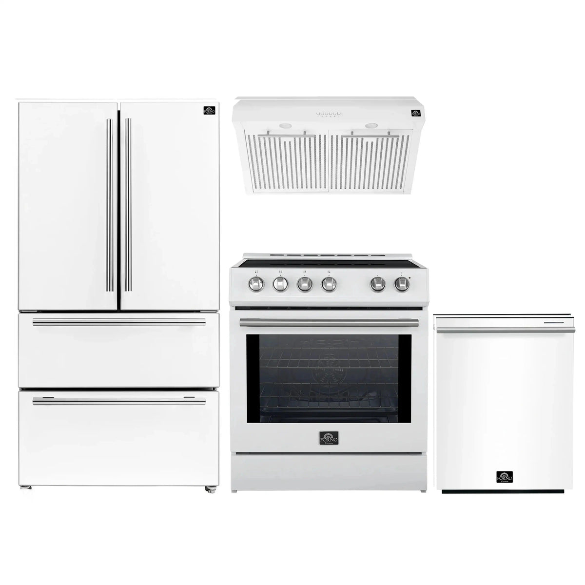 Forno 4-Piece Appliance Package: 30-Inch Induction Range, Under Cabinet Hood, French Door Refrigerator, Dishwasher, White with Stainless Steel Trim