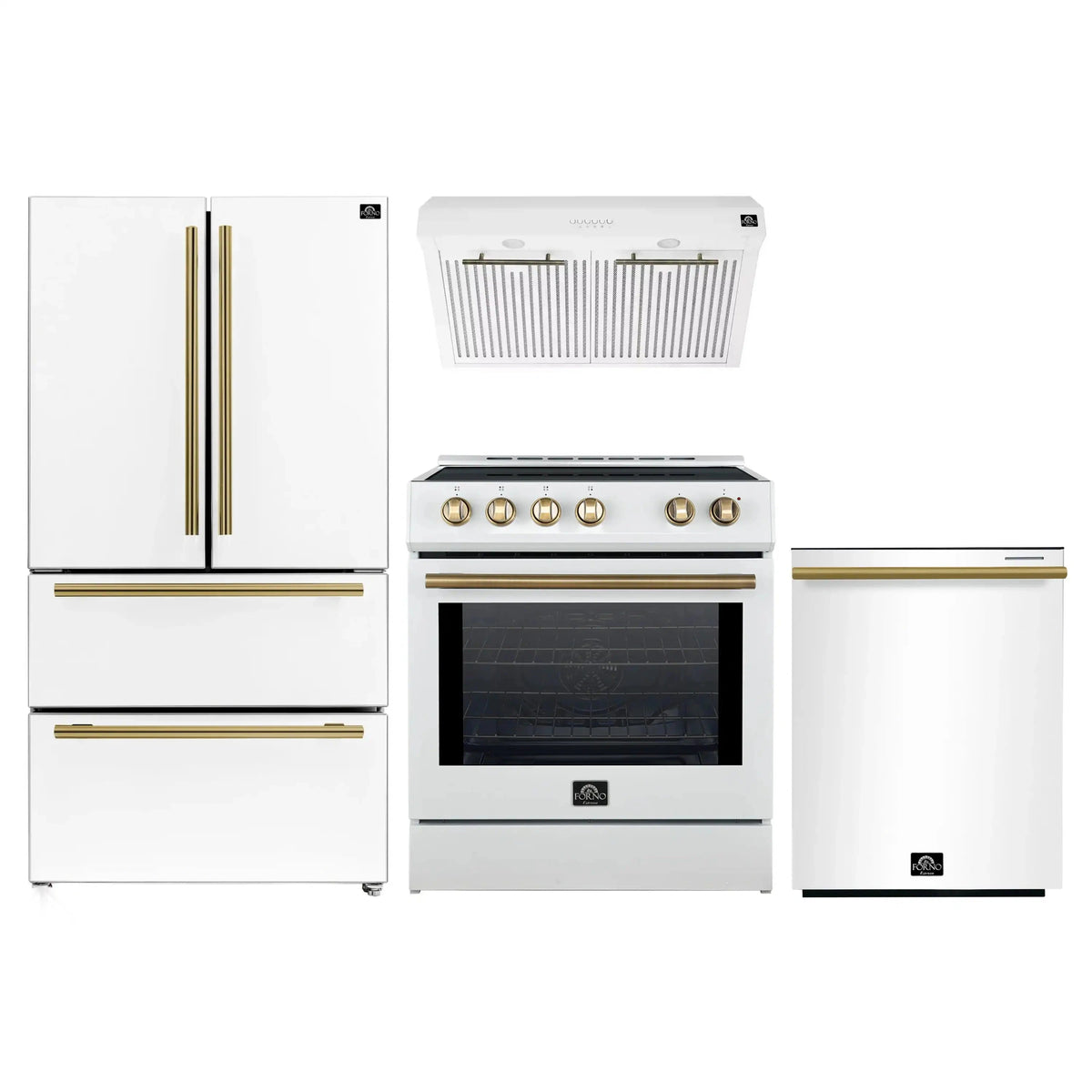 Forno 4-Piece Appliance Package: 30-Inch Induction Range, Under Cabinet Hood, French Door Refrigerator, Dishwasher, White with Antique Brass Trim