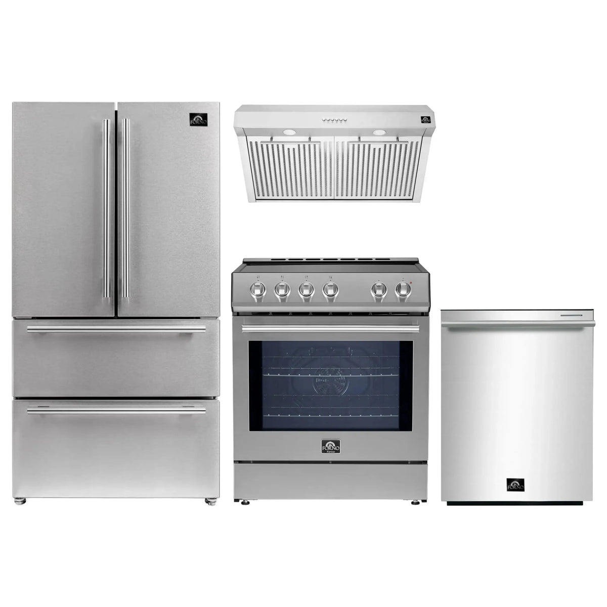 Forno 4-Piece Appliance Package - 30-Inch Induction Range, Under Cabinet Range Hood, French Door Refrigerator, and Dishwasher in Stainless Steel