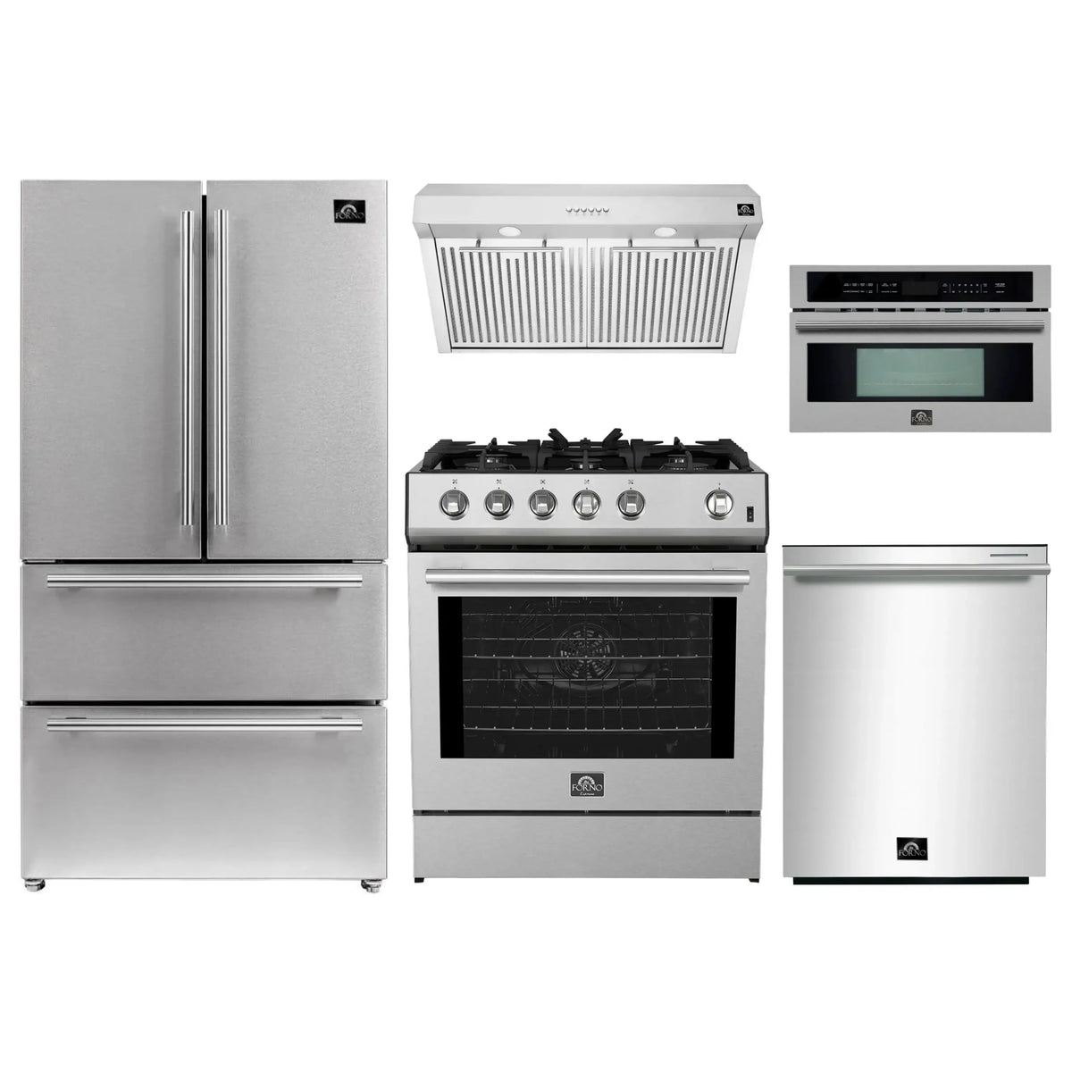 Forno 5-Piece Appliance Package - 30-Inch Gas Range, Under Cabinet Range Hood, Refrigerator, Dishwasher, and 30-Inch Microwave Drawer in Stainless Steel
