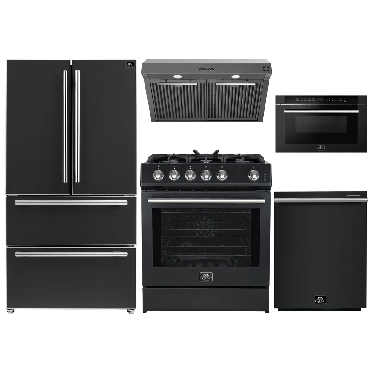 Forno 5-Piece Appliance Package - 30-Inch Gas Range, Under Cabinet Range Hood, French Door Refrigerator, Dishwasher, and Microwave Drawer in Black with Stainless Steel Trim