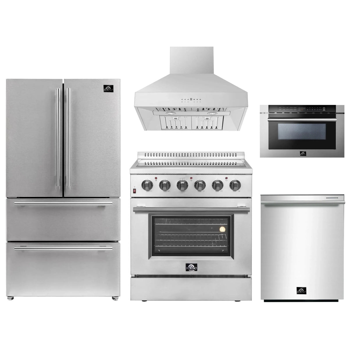 Forno 5-Piece Appliance Package - 30-Inch Electric Range, Wall Mount Range Hood, French Door Refrigerator, Dishwasher, and 24-Inch Microwave Drawer in Stainless Steel