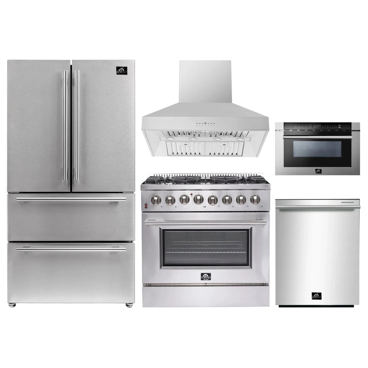 Forno 5-Piece Appliance Package - 36-Inch Dual Fuel Range, Refrigerator, Wall Mount Hood, 24-Inch Microwave Drawer, & 3-Rack Dishwasher in Stainless Steel