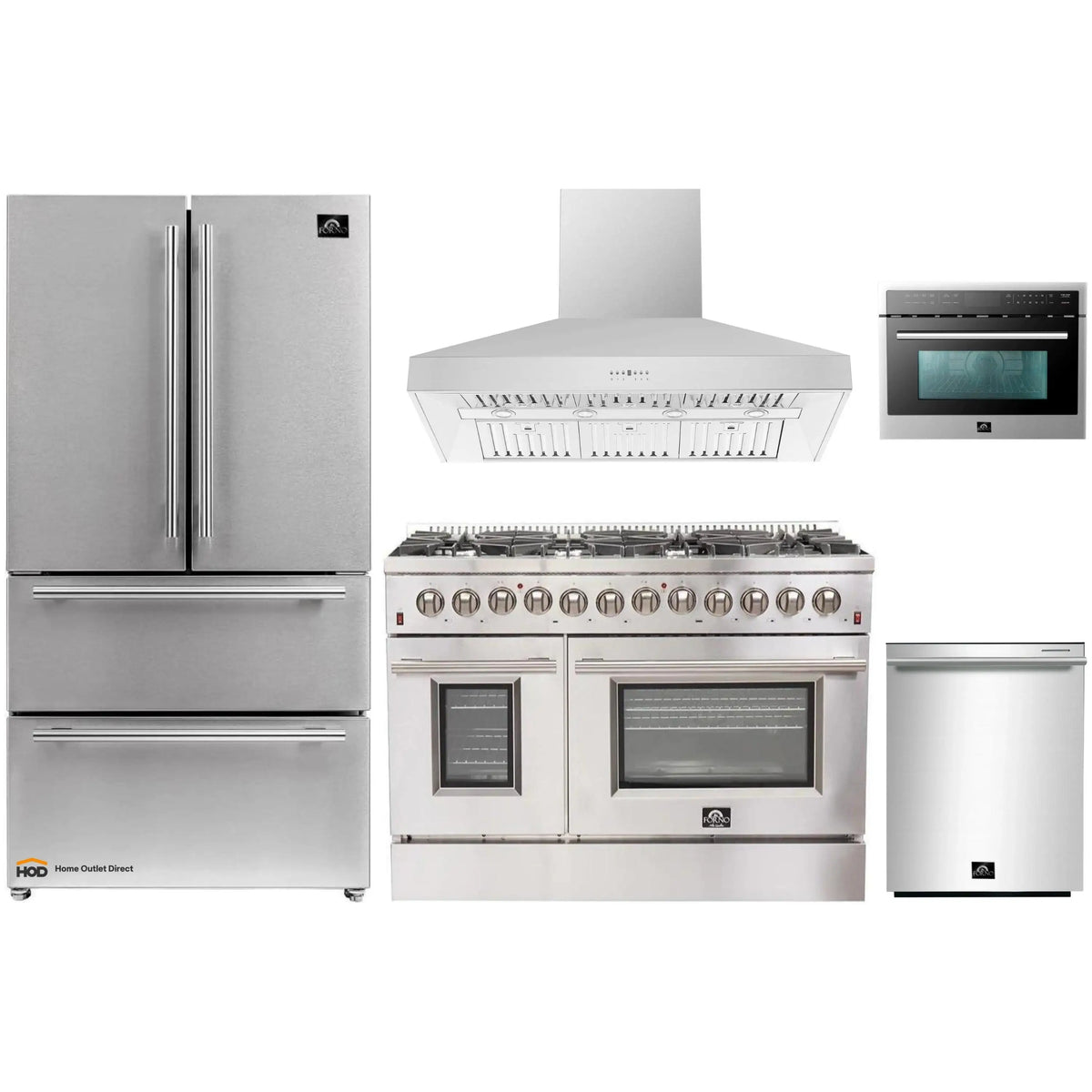 Forno 5-Piece Appliance Package - 48-Inch Dual Fuel Range, Refrigerator, Wall Mount Hood, 24-Inch Microwave Oven, & 3-Rack Dishwasher in Stainless Steel