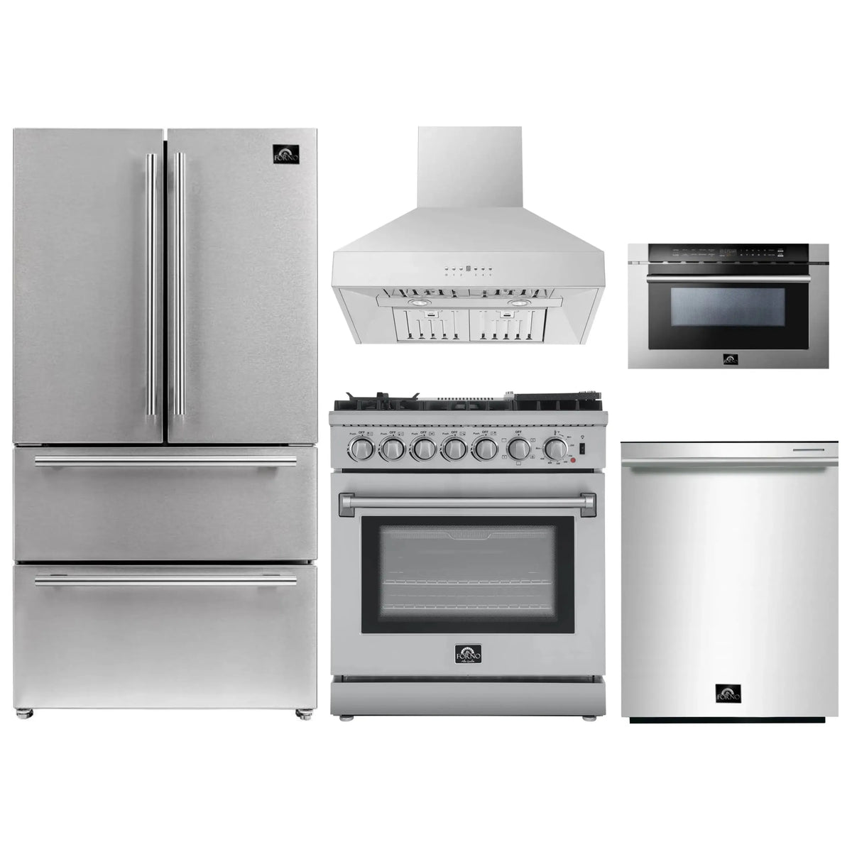 Forno 5-Piece Appliance Package - 30-Inch Dual Fuel Range with Air Fryer, Refrigerator, Wall Mount Hood, 24-Inch Microwave Drawer, & 3-Rack Dishwasher in Stainless Steel