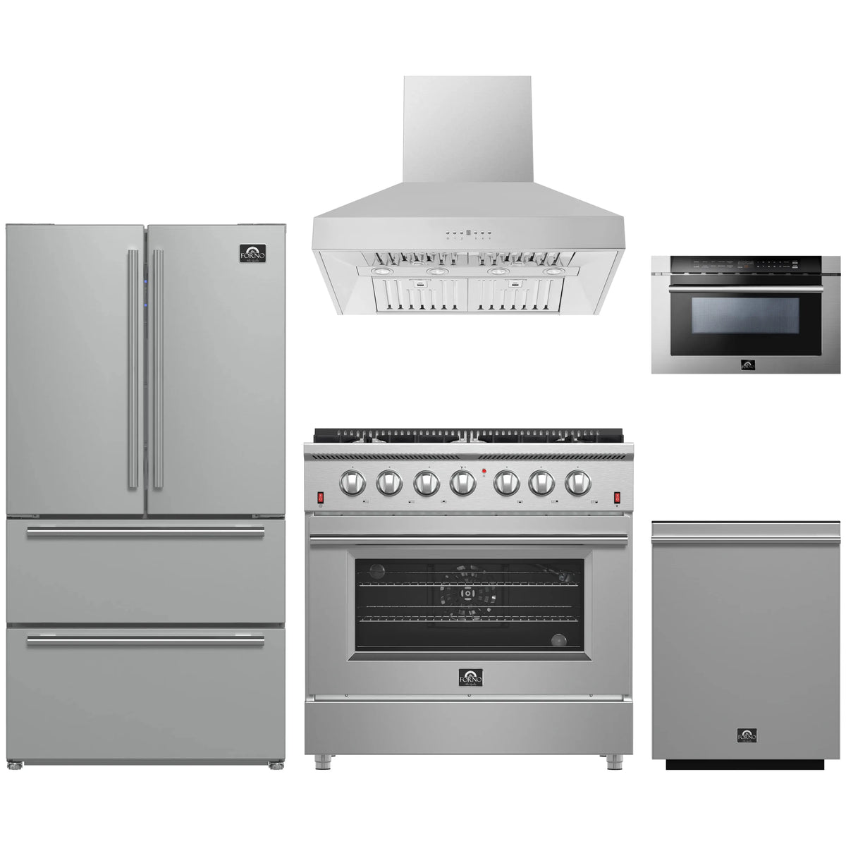 Forno 5-Piece Appliance Package - 36-Inch Gas Range, Refrigerator, Wall Mount Hood, 24-Inch Microwave Drawer, & 3-Rack Dishwasher in Stainless Steel