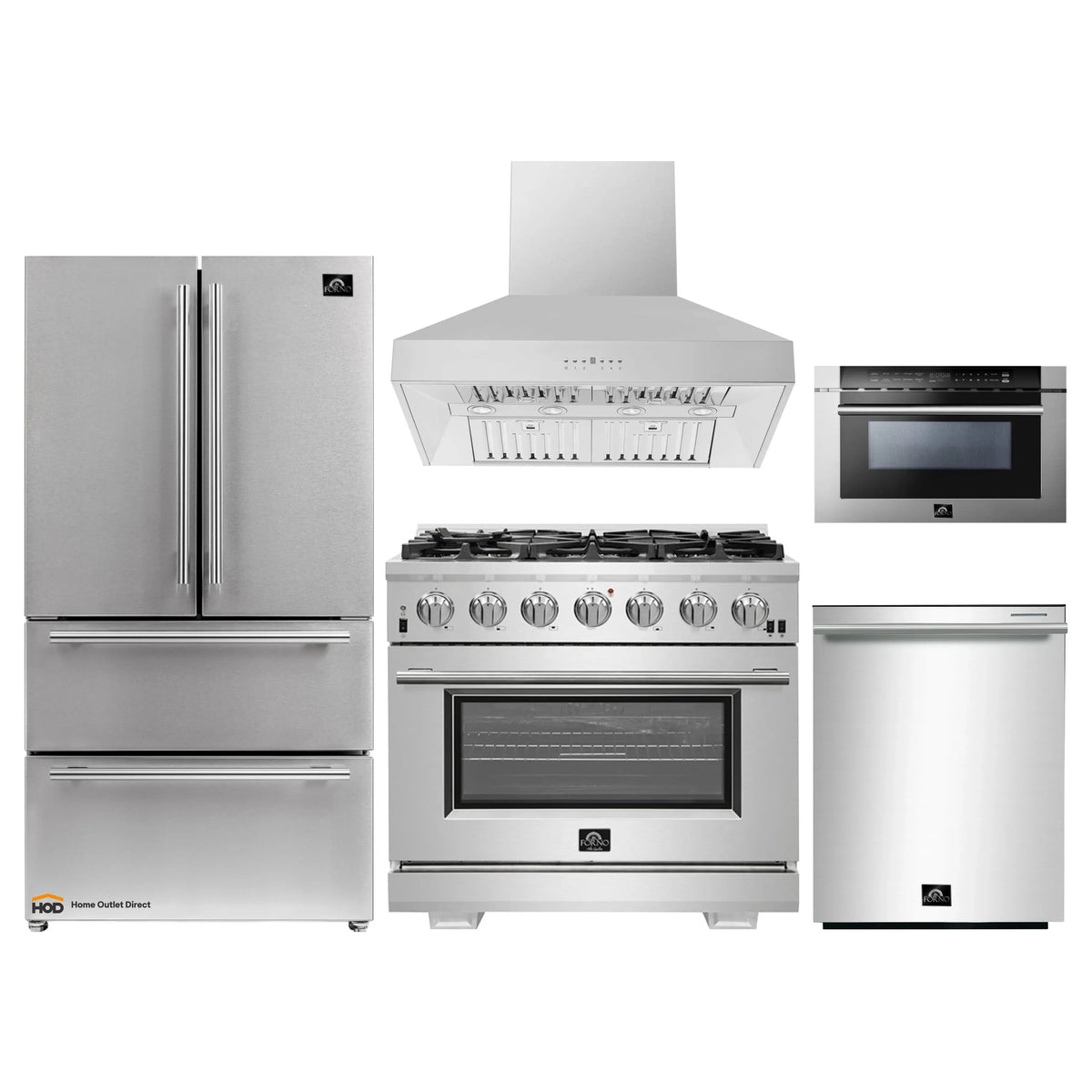 Forno Pro 5-Piece Appliance Package: 36-Inch Gas Range, Hood, 24-Inch Microwave Drawer, Refrigerator, 3-Rack Dishwasher, Stainless Steel