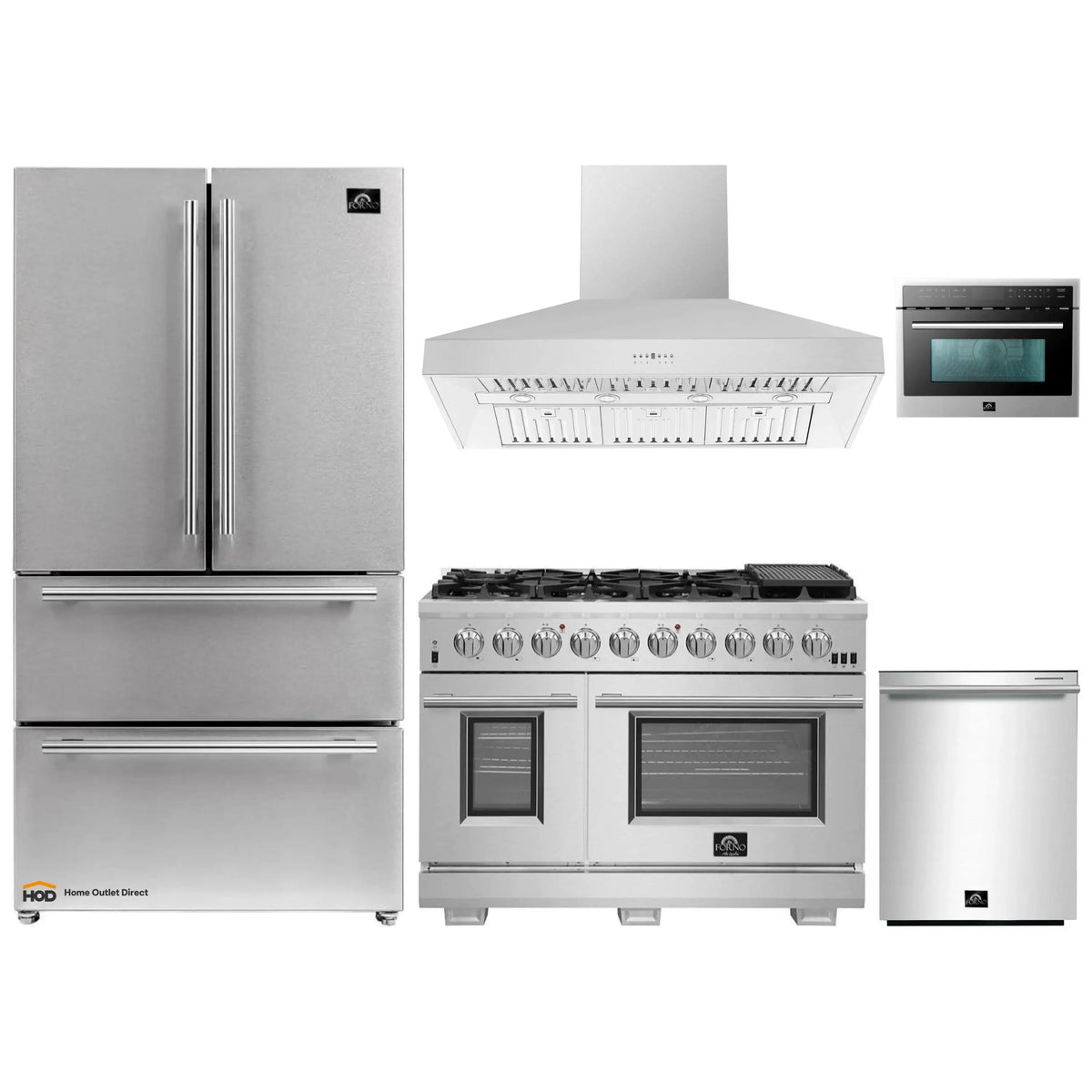 Forno Pro 5-Piece Appliance Package: 48-Inch Gas Range, Hood, 24-Inch Microwave Oven, Refrigerator, 3-Rack Dishwasher, Stainless Steel