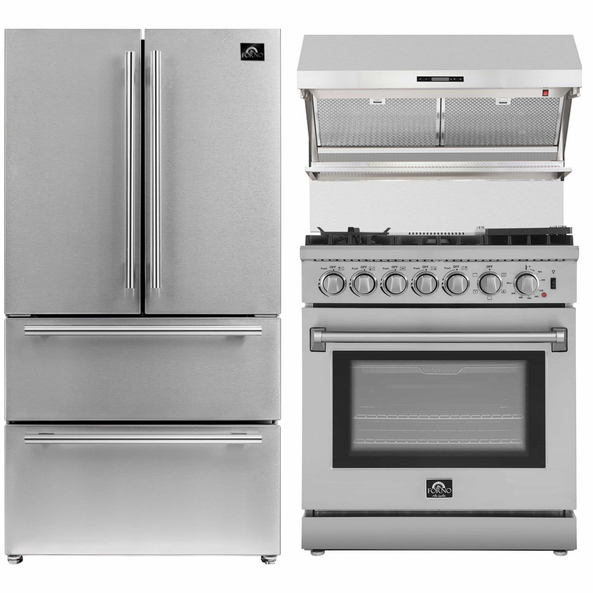 Forno 3-Piece Appliance Package: 30-Inch Air Fryer Dual Fuel Range, Wall-Mount Backsplash Hood, Refrigerator, Stainless Steel
