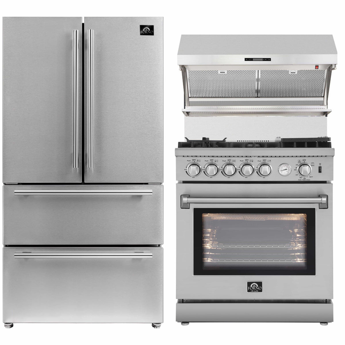 Forno 3-Piece Appliance Package: 30-Inch Air Fryer Gas Range, Wall-Mount Backsplash Hood, Refrigerator, Stainless Steel