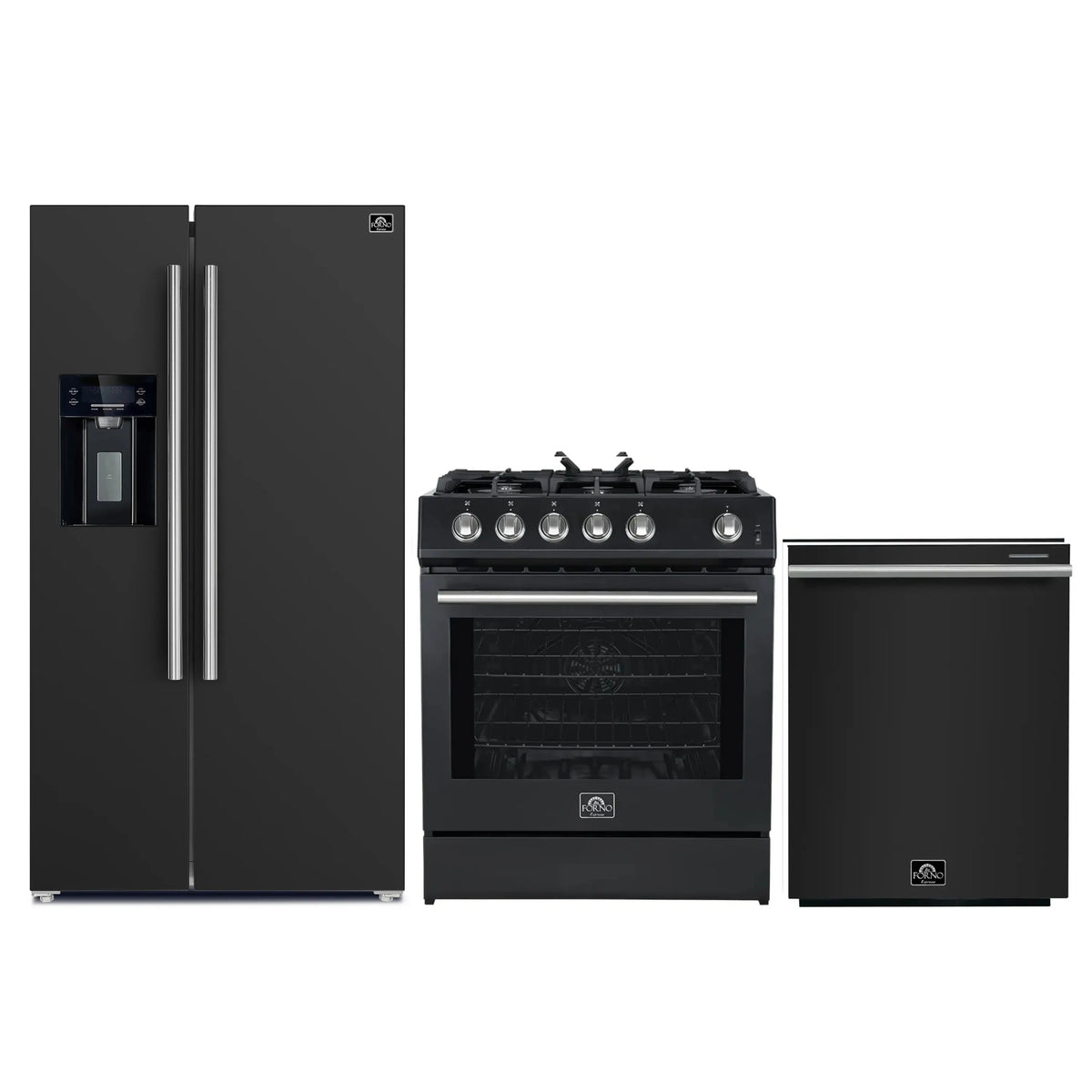 Forno 3-Piece Appliance Package - 30-Inch Gas Range, Refrigerator with Water Dispenser, and Dishwasher in Black with Stainless Steel Trim