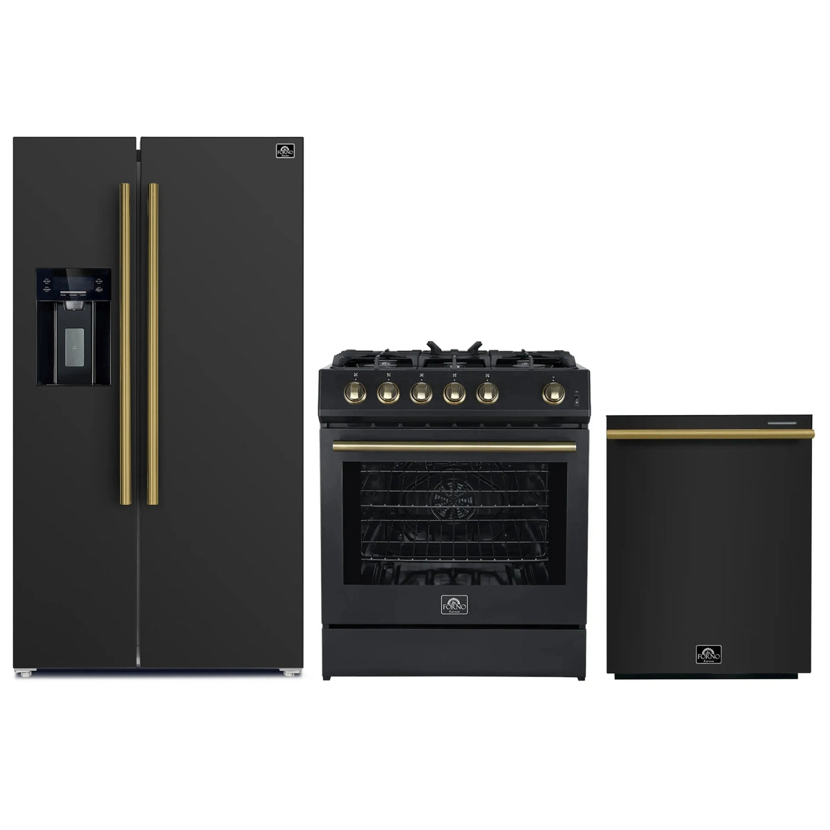 Forno 3-Piece Appliance Package - 30-Inch Gas Range, Refrigerator with Water Dispenser, and Dishwasher in Black with Antique Brass Trim