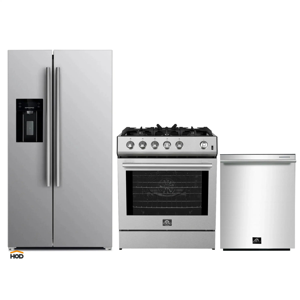 Forno 3-Piece Appliance Package - 30-Inch Gas Range, Refrigerator with Water Dispenser, and Dishwasher in Stainless Steel