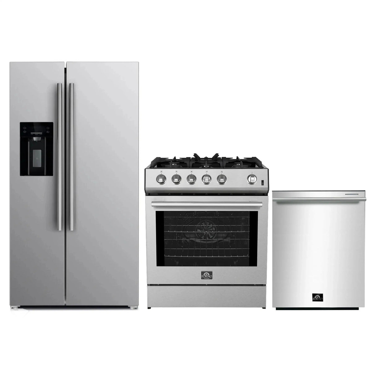 Forno 3-Piece Appliance Package: 30-Inch Gas Range, Water Dispenser Refrigerator, Dishwasher, Stainless Steel