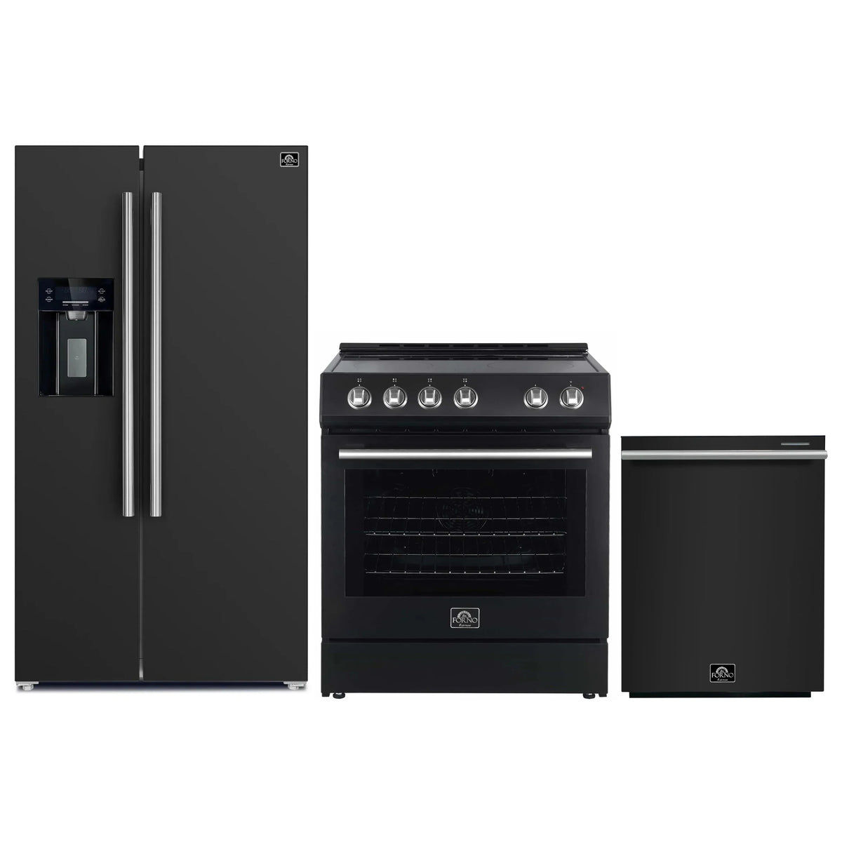 Forno Espresso 3-Piece Appliance Package - 30-Inch Electric Range, Refrigerator with Water Dispenser and Dishwasher in Black with Antique Brass Trim