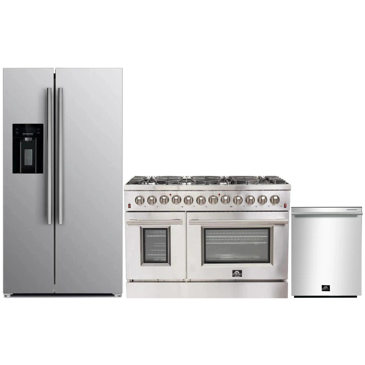 Forno 3-Piece Appliance Package: 48-Inch Dual Fuel Range, Water Dispenser Refrigerator, Dishwasher, Stainless Steel