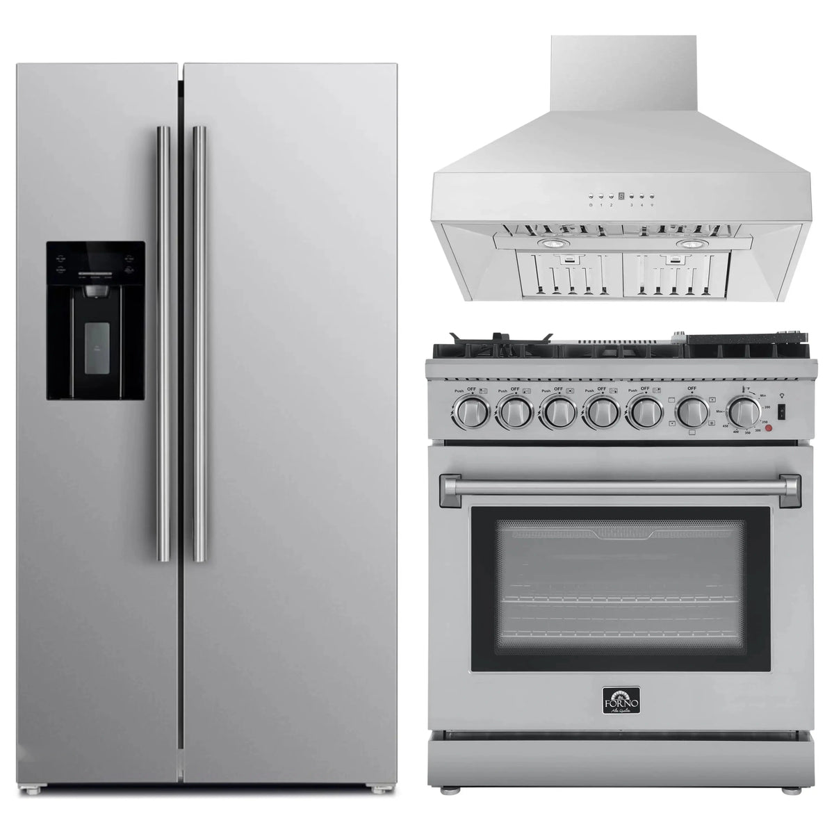 Forno 3-Piece Appliance Package: 30-Inch Air Fryer Dual Fuel Range, Wall-Mount Hood, Water Dispenser Refrigerator, Stainless Steel