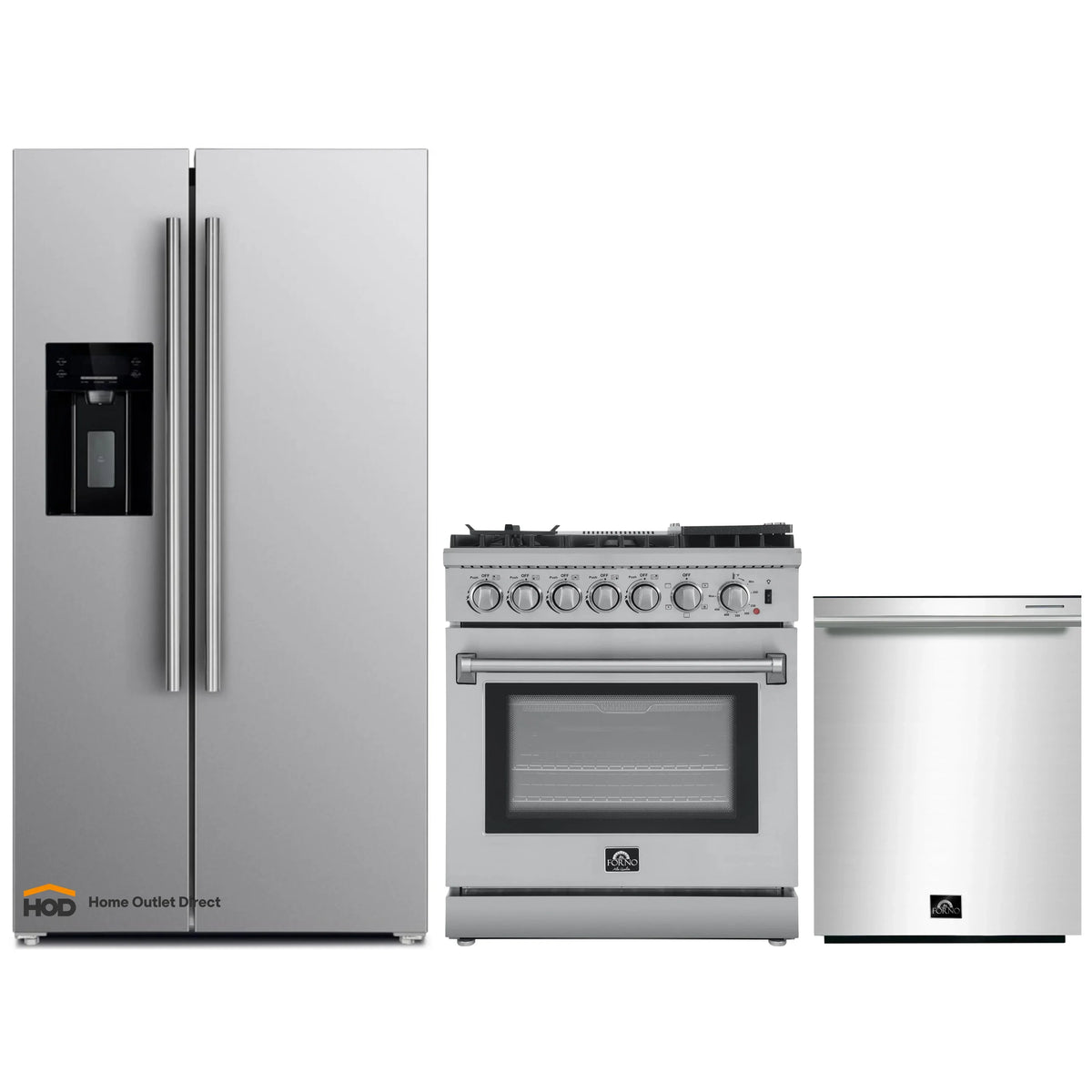 Forno 3-Piece Appliance Package: 30-Inch Air Fryer Dual Fuel Range, Water Dispenser Refrigerator, Dishwasher, Stainless Steel