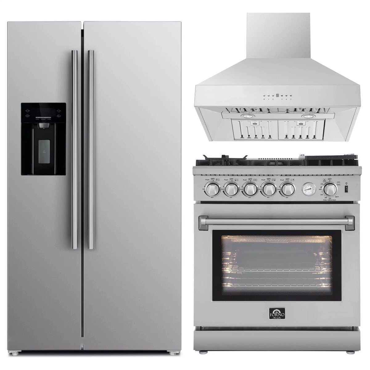Forno 3-Piece Appliance Package: 30-Inch Air Fryer Gas Range, Wall-Mount Hood, Water Dispenser Refrigerator, Stainless Steel